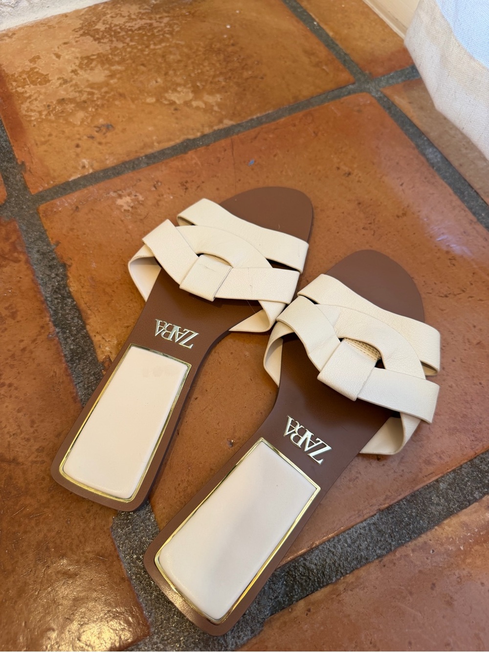 ZARA Cream Braided Leather Slide Sandals